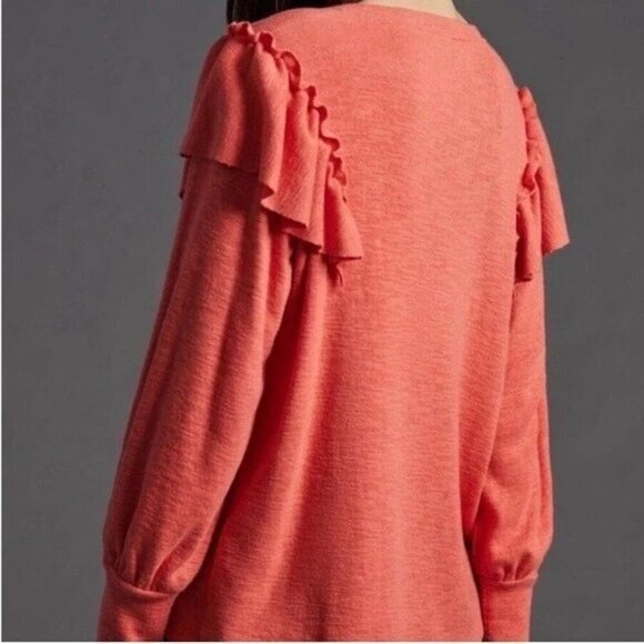 Pilcro Cozy Popover Ruffle Pullover Sweater in Coral Office Career Date Night M - Picture 2 of 14